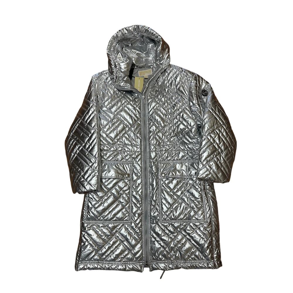 Michael Kors Silver Metallic Quilted Hooded Coat Jacket Small NWT Ciré Puffer - Picture 3 of 15